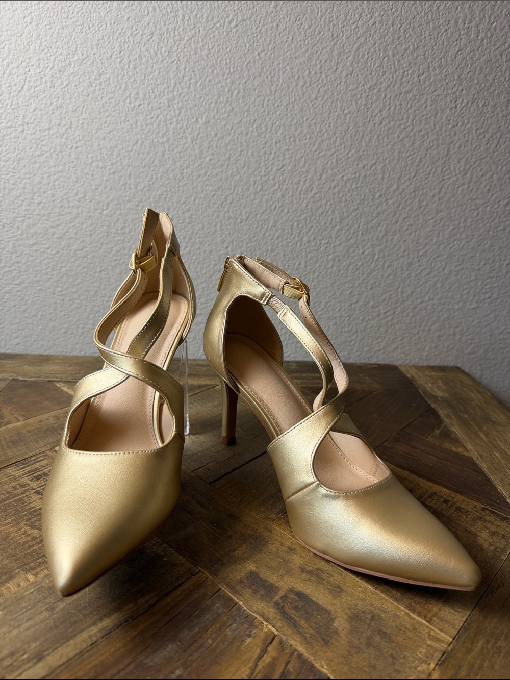 Size 7.5 Gold Pointed-Toe Strappy Stiletto Heels - Women